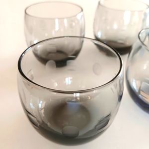 VTG 6 smoked, etched, rounded highball glasses. 12 oz. Mid-century Modern